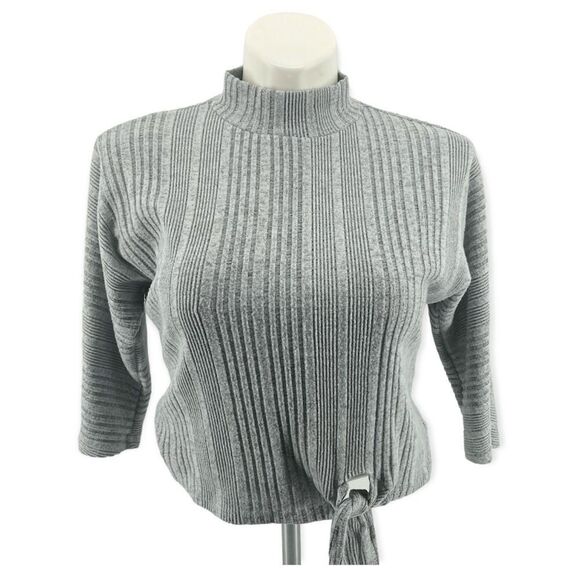 June & Hudson Gray Mock Neck Ribbed Soft Tie Front Knit Top Large - Picture 1 of 12